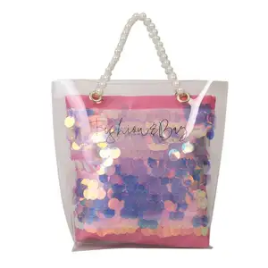 Summer Custom Transparent Clear Pvc Purse Popular Beautiful Beach Lady 2pcs/Set Shiny Sequins Bucket Handbag
