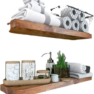 Étagère murale en bois massif 50x30 cm, support de rangement pour salle de bain avec porte-papier toilette et support pour plantes - Product Image 1