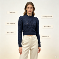 Pull en laine mélangée de haute qualité pour femmes Inez, pointelle, personnalisé OEM & ODM, manches longues, pull épais bleu marine, vêtements de loisirs