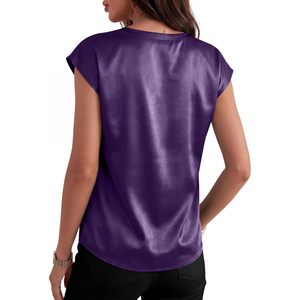 Womens Silk Satin <b>Blouse</b> Cap Sleeve Crew Neck Office Casual Top Anti Wrinkle 2026 Summer Outfit - Product Image 6