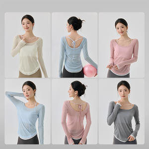 योग के लिए चलिक ढीले कैकैजुअल महिलाओं लंबी आस्तीन कंट्रास्ट हेज़ हल्के सांस लेने योग्य सेक्सी बैकलेस स्पोर्ट्स ब्लेस जिम पाइलेट - Product Image 4