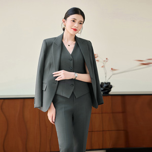 Women's Gray Three-Piece Suit Set With Vest And Blazer Full Sleeve Autumn Office Lady Workwear Anti-Wrinkle Polyester Worsted - Product Image 4