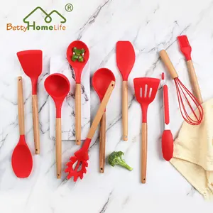 Không Dính Chịu Nhiệt Đồ Dùng Nhà Bếp Set Tay Cầm Bằng Gỗ 12 Cái Silicone Đỏ Nấu Ăn Đồ Dùng Nhà Bếp Set Với Chủ