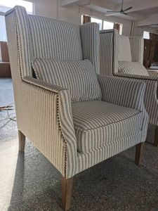 Sillón <span class=keywords><strong>de</strong></span> lino a <span class=keywords><strong>rayas</strong></span> estilo vintage francés con respaldo alto, estructura <span class=keywords><strong>de</strong></span> madera maciza y adornos <span class=keywords><strong>de</strong></span> clavos. - Product Image 3