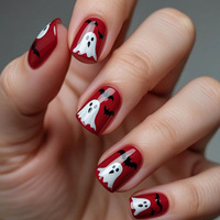 Faux ongles courts en amande à presser pour Halloween, motif sang rouge, fantôme, chauve-souris, citrouille, toile d'araignée, feuille d'érable, réutilisables
