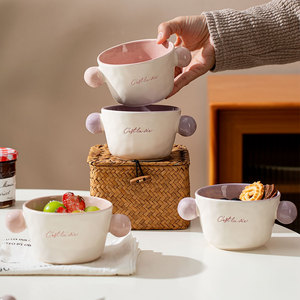 Graziosa Ciotola in Porcellana Fatta a Mano, Bicolore Rosa e Viola, con Manici a Sfera, per Frutta, Zuppa, Dessert, Yogurt, Snack, Avena, Colazione - Product Image 3