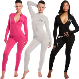 Đồ bộ liền thân nữ in logo tùy chỉnh, chất liệu cotton co giãn, kiểu dáng ôm sát, tay dài, khóa kéo, kiểu dáng cơ bản. - Product Image 1