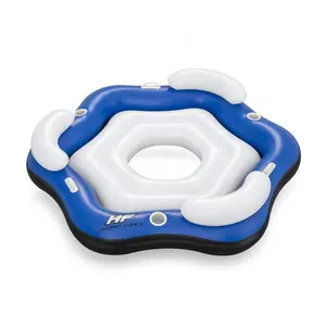 Island 3 Person Inflatable Inner Tube, Blue & White Floating Island Pool Float with cup holders for several people to sit or lay