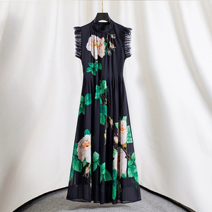 AELESEEN siciliano Midi Vestido Mujer verano sin mangas diseñador moda rebordear estampado de flores malla Patchwork cintura alta elegante - Product Image 1