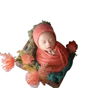 Farbigen flecken stretch gestrickte mohair wrap motorhaube set für neugeborene fotografie requisiten Weiche jersey Wrap hut Baby foto schießen