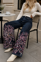Jean large brodé fleurs de cerisier bleu foncé pour femme, taille haute, motif floral, denim tendance, style vintage Sakura
