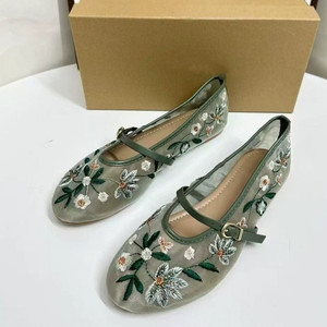 Ballerines plates pour femmes à bout rond en maille avec broderie florale verte – Qualité supérieure, chaussures de marche mignonnes - Product Image 2