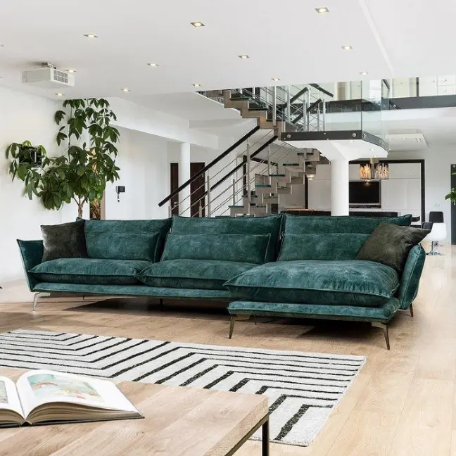 Muebles de ocio, sofá de terciopelo moderno de Italia, sillón de 4 plazas, sofás de salón, sofá de esquina de madera de tela en forma de L Banken
