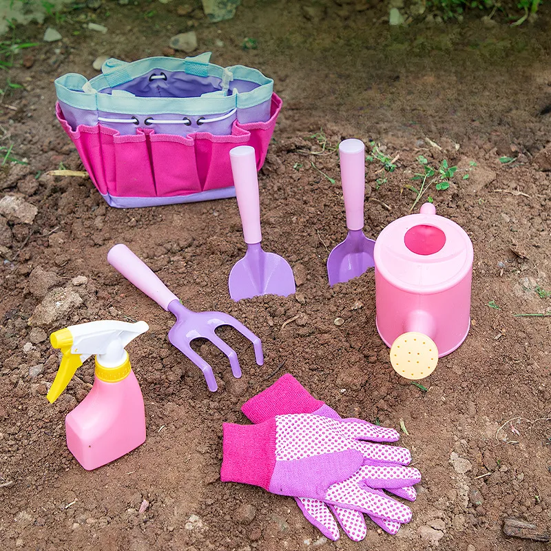 Venta al por mayor 3PCs 5PCS 7PCs 8PCs Pink Indoor Trowel Kit de herramientas de plantas para niños Juego de herramientas de jardín para niños