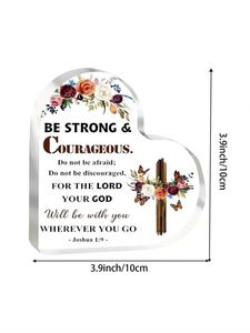 Regalo cristiano Joshua God escritura placa acrílica, fuerte valiente alentador para niños y niñas, escritorio de flores cruzadas en forma de corazón - Product Image 2