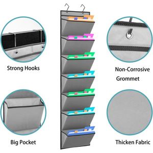 Organisateur de fichiers mural suspendu non tissé à 7 poches, noir, avec 3 crochets de porte, rangement mural pour dossiers pour la maison et le bureau - Product Image 2