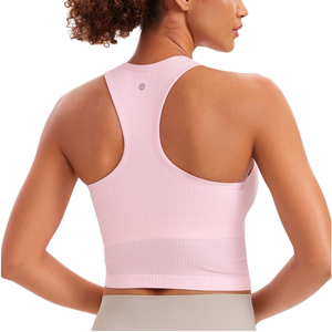 CRZ YOGA nefes dikişsiz nervürlü yüksek boyun mahsul Tank kadınlar için <span class=keywords><strong>Tops</strong></span>-Longline Racerback yastıklı yüksek destek spor Bras - Product Image 1
