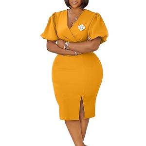 ชุดเดรสทรงเข้ารูปคอวีแขนกระดิ่งสำหรับผู้หญิงแอฟริกัน สไตล์ลำลองสำหรับทำงานช่วงฤดูร้อน - Product Image 5