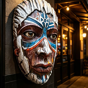 Sculpture murale personnalisée en fibre de verre, masque humain en résine peinte style rétro, statue décorative à suspendre pour entrée de bar, restaurant, pub - Product Image 5