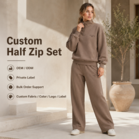 Ensemble de survêtement ODM pour femme, marron mocha, en molleton de coton délavé, avec pull à col montant et fermeture éclair mi-longue et pantalon droit à jambes larges
