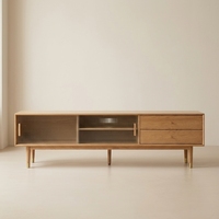 Meuble TV moderne en bois massif de chêne avec portes coulissantes en verre |   Meuble de rangement pour téléviseur et appareils électroniques pour le salon
