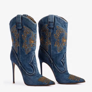 Large Size 44 Denim Short <b>Pants</b> <b>Boots</b> Thin High Heels Pointed Toe Embroidered Ankle Booties Women's Trend on Jeans Shoes - Product Image 3