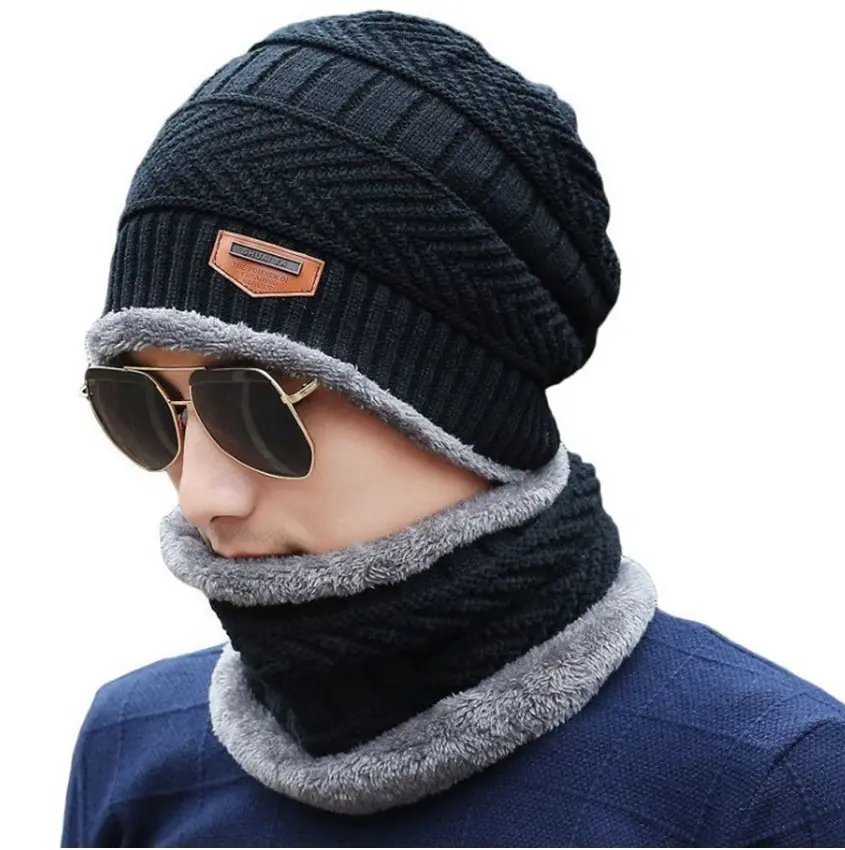 Soft Thicken Wool Ski Hat Men Warm Hats Neck Warm Winter Wool Hat Set Women Men Beanie Knitted Cap Scarf Set