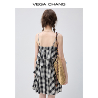 Robe Cami à Volants Superposés à Carreaux Noirs et Blancs VEGA CHANG pour Femmes avec Encolure Carrée et Ourlet à Volants Superposés, Robe d'Été Décontractée