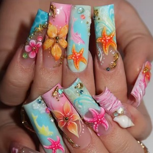 24 faux ongles longs carrés forme cercueil, design 3D, réutilisables et détachables, à presser, pour femmes, idéaux pour les vacances à la plage - Product Image 1