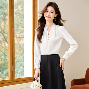 White V Neck Long Sleeve Blouse For Women Chiffon Solid Color Work Shirt With Buttons Elegant Office Wear - Product Image 3