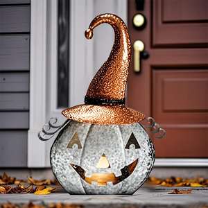 <span class=keywords><strong>Halloween</strong></span> Waterdichte Led Flash Oranje Metalen Heksenhoed Pompoen Lantaarn Solar Tuin Decoratie - Product Image 1