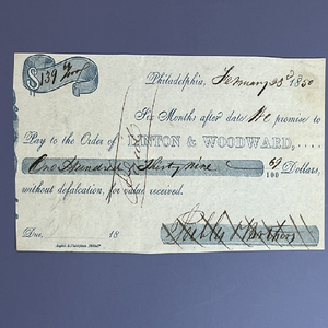 Raro Cheque de Deudora de 1850 Antes de la Guerra Civil, Linton &amp;   Billete de Deudora de 1850 del Artista de Filadelfia, Raro, Antes de la Guerra Civil, Linton & Art - Product Image 1