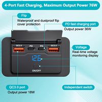 Prise de voiture USB Type C 4 ports 76W 12V encastrée avec bouton interrupteur, double PD 36W QC3.0 18W, charge rapide, légère