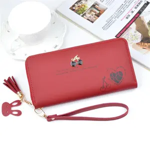 New Fashion Cherry PU Leather Multi Card Ladies Womens Long Wallet for Women