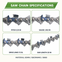 Chaîne de tronçonneuse de remplacement professionnelle OEM LongMax 3/8" Standard .063" 72DL 20 pouces 72E à dents pleines pour MS381/MS382/038/066
