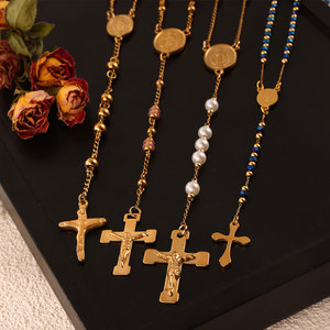 Religious Medieval Vintage Jewelry 316L Stainless Steel 14k 18k Gold Plated Bead Faith Cross <b>Rosary</b> Necklace for Women wholesale - Product Image 2