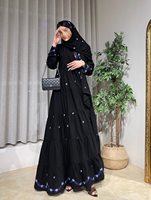 Abaya de Luxe Noire Hafizah pour Femme, Robe de Soirée Musulmane Bleu Foncé Broderie Florale, Kaftan Élégant Dubaï Turquie 2026