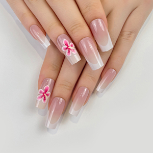 3d Fleur Moyen Long Cercueil French Tips Press on Nails Wholesale <span class=keywords><strong>Faux</strong></span> <span class=keywords><strong>Ongles</strong></span> <span class=keywords><strong>Ongles</strong></span> Artificiels avec Jelly Glue - Product Image 1