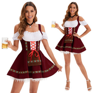 Vestido de Fiesta de Cerveza para Mujer, Estilo Dirndl, Rojo, con Hombros Descubiertos, Falda con Corsé, Disfraz, Traje de Fiesta - Product Image 1
