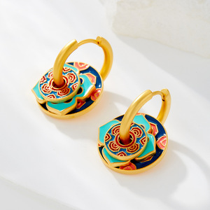 Chinese Retro Style Enamel Drop Earrings Flower Shape Ethnic Design Copper <b>Post</b> EA12936 - Product Image 2