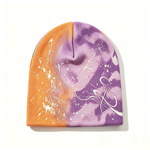 Unisex <b>Tie</b> Dye Knit Beanie Hat 100% Acrylic <b>Purple</b> Orange Graffiti Print Skully Cap Soft Warm Stretch Streetwear Autumn Image - Product Image 4
