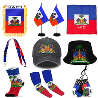 Produits de la série Drapeau haïtien : Drapeau de table, foulard, chapeau, porte-clés, collier, drapeau de voiture, cordon, chaussettes, t-shirts, collier pour cadeau