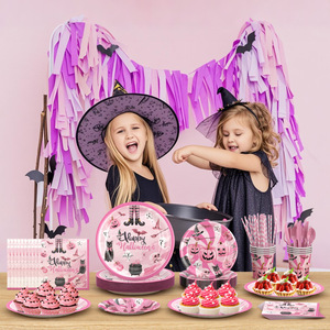 DAMAI 128 Pcs Halloween Plates Napkins Cups Set Pink Spooky Disposable Tableware for Horror Theme Birthday Party Decorations - Product Image 3