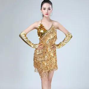 Sáng Bóng Kim Loại Sexy Phụ Nữ Sequin Fringe Dress Mùa Hè Rave Lễ Hội Trang Phục <span class=keywords><strong>V</strong></span> Cổ Backless Ren-up Mini Đảng Dress <span class=keywords><strong>V</strong></span>ới Găng Tay - Product Image 1