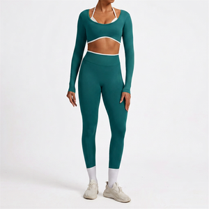 Teal Three Piece Solid Yoga <b>Set</b> <b>Square</b> Neck Halter Long Sleeve High Waist Seamless Leggings Cut-Out Design Front Logo for Women - Product Image 1