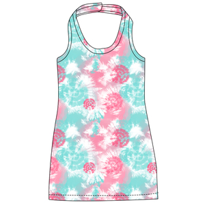 Vestito Estivo Casual per Bambine, Abito a Pezzo Unico con Cinturino al Collo, Motivo Tie-dye a Righe Floreali Turchesi, Senza Maniche, Corto - Product Image 5