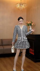 Robe en tweed <span class=keywords><strong>Mu</strong></span> Xia Zhi Hua 6508, style preppy, color block, col en V, taille cintré<span class=keywords><strong>e</strong></span> - Product Image 2