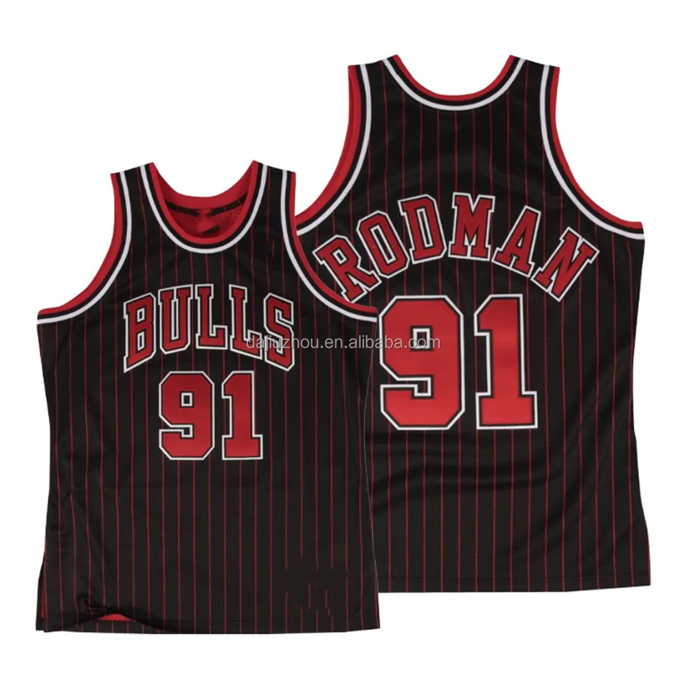 MENUTT sells wholesale Chicago Embroidery #91 Dennis Rodman #23 Michael #33 Pippen black and red striped basketball jerseys