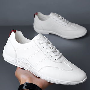 Chaussures décontractées pour hommes en cuir de vache blanc, bout rond, à enfiler, semelle souple, mocassins tendance printemps-automne - Product Image 2