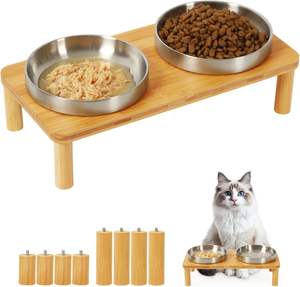 Support de gamelle surélevé pour chat en bambou moderne, poli, écologique et réglable, avec assiettes en céramique – Table d'alimentation surélevée pour animaux de compagnie - Product Image 3
